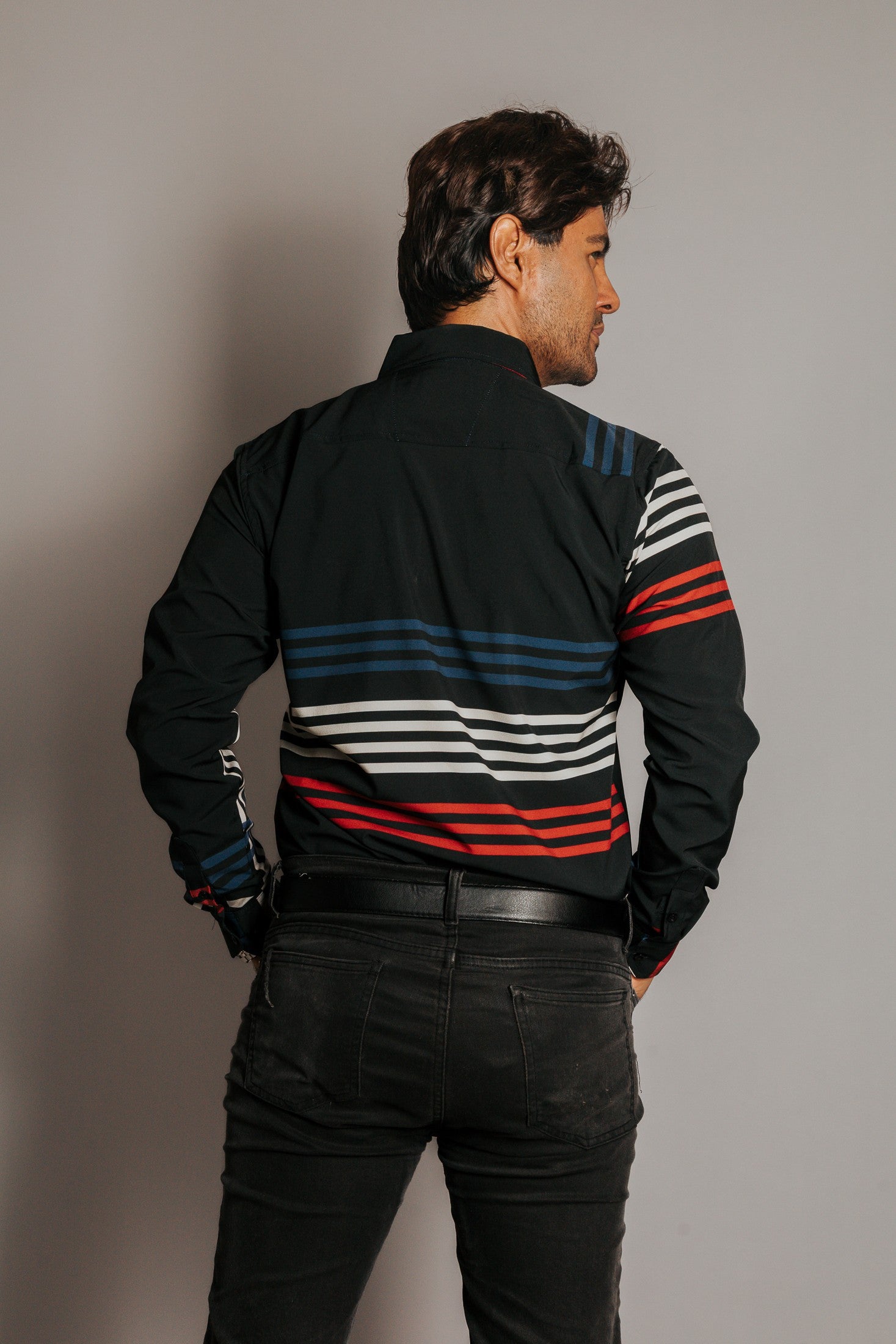 Camisa Hombre Casual Líneas Beige Azul y Rojo