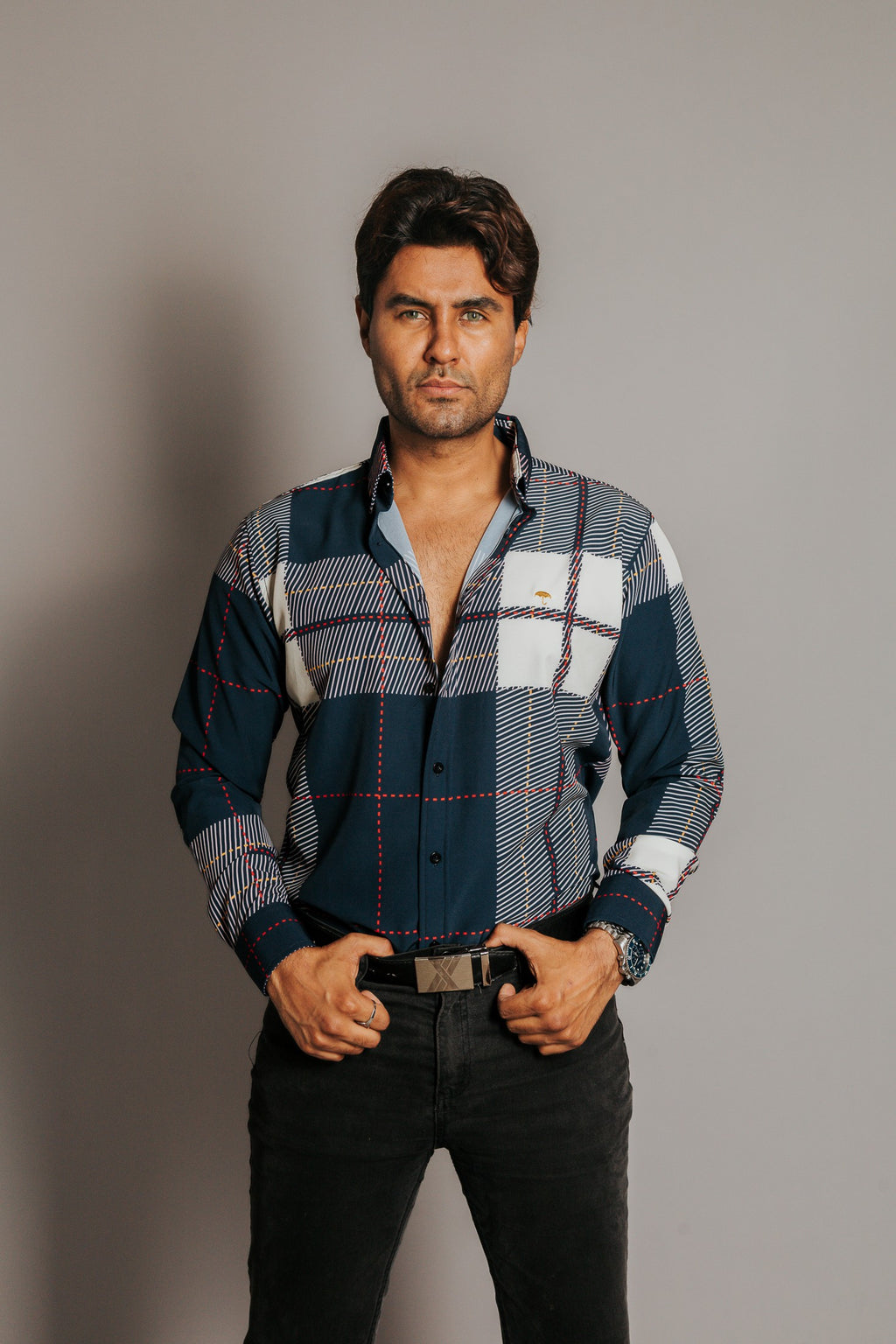 Camisa Hombre Casual Cuadros Azul Beige Líneas Rojo Morado