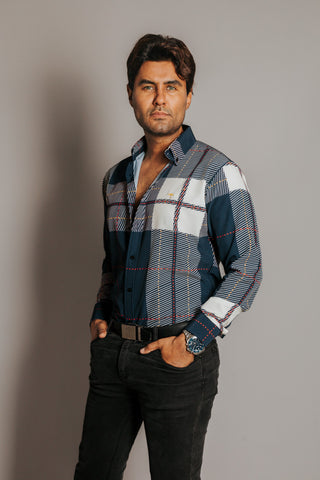 Camisa Hombre Casual Cuadros Azul Beige Líneas Rojo Morado