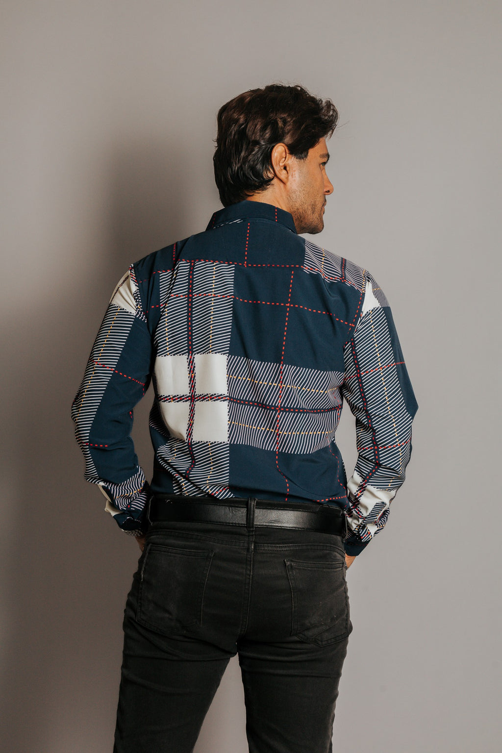 Camisa Hombre Casual Cuadros Azul Beige Líneas Rojo Morado