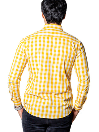 Camisa Hombre Casual Slim Fit Cuadros Amarillos, Blancos