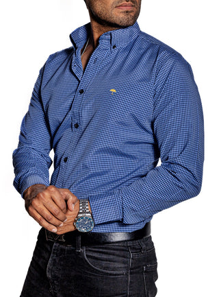 Camisa Hombre Casual Mini Cuadros Azul Rey, Negros