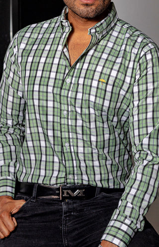 Camisa Hombre Casual Cuadros Verdes, Negros, Blancos