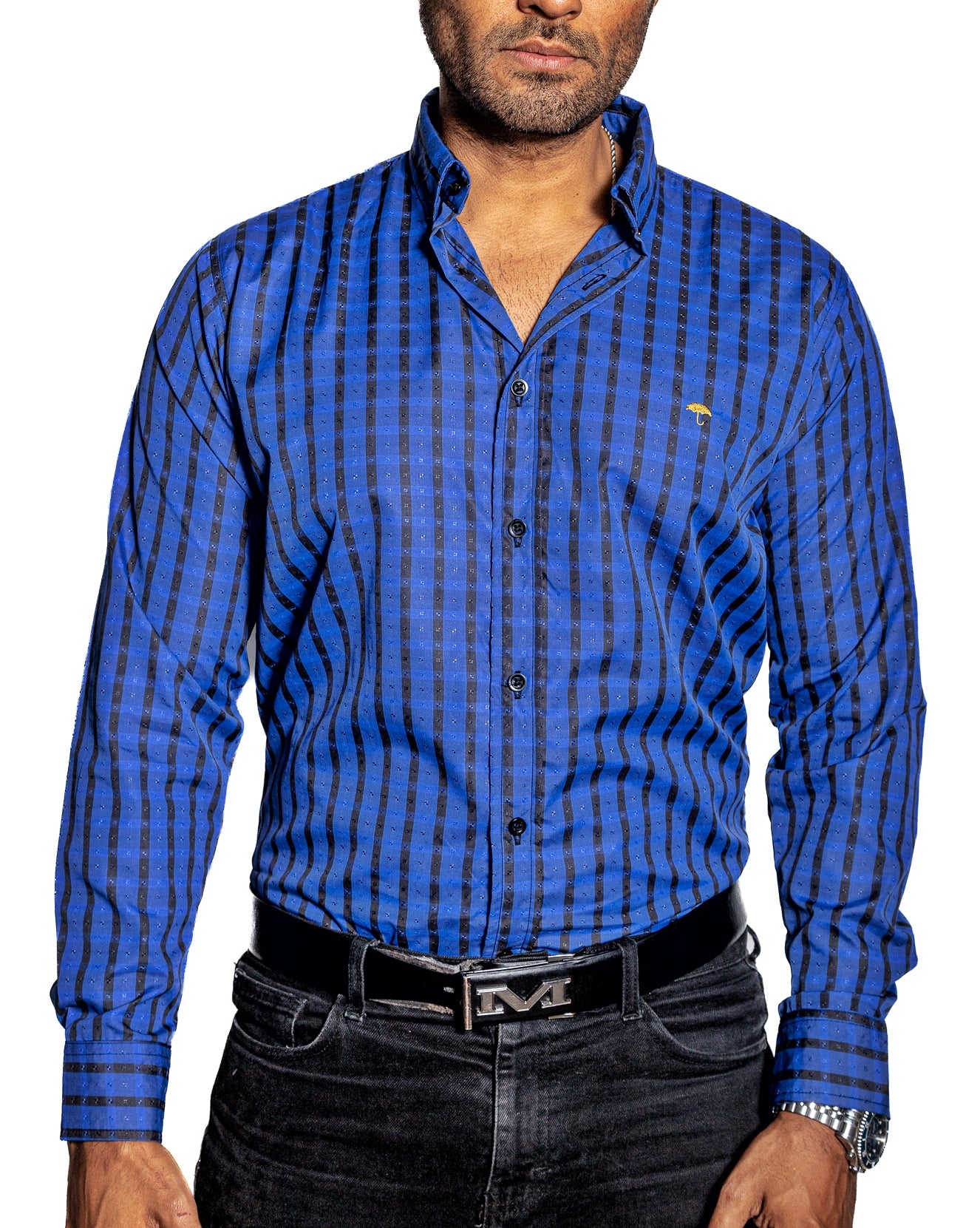 Camisa Hombre Casual Cuadros Azul Lineas Negras