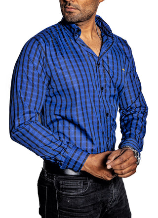 Camisa Hombre Casual Cuadros Azul Lineas Negras