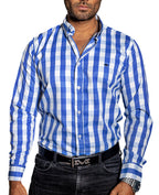 Camisa Hombre Casual Cuadros Blancos, Azul Cielo