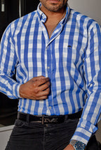Camisa Hombre Casual Cuadros Blancos, Azul Cielo