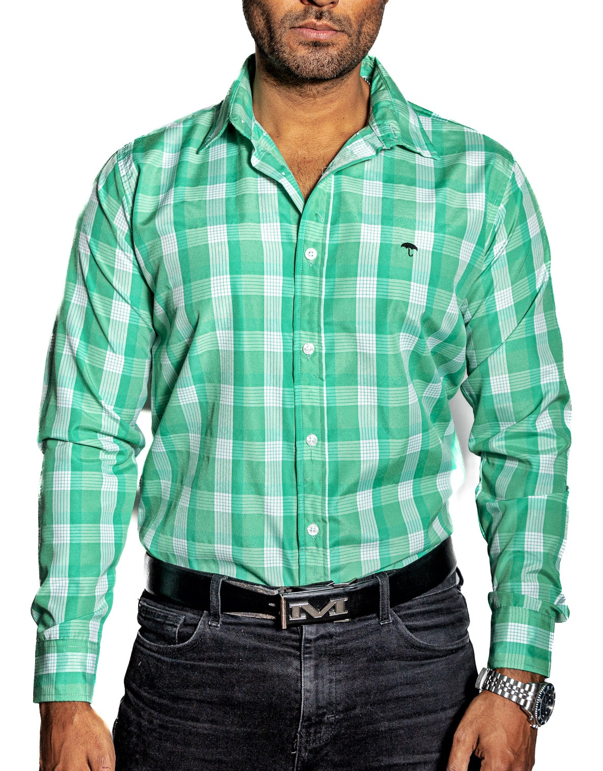 Camisa Hombre Casual Cuadros Verdes, Blancos Lineas