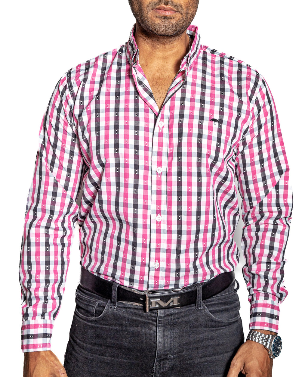 Camisa Hombre Casual Cuadros Rosas Blancos y Negros