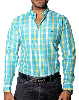 Camisa Hombre Casual Cuadros Azul Turquesa Lineas Amarillas