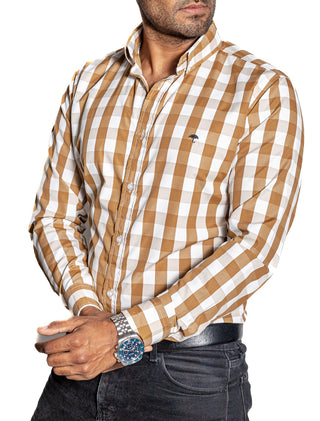 Camisa Hombre Casual Cuadros Marrón Claro, Blancos