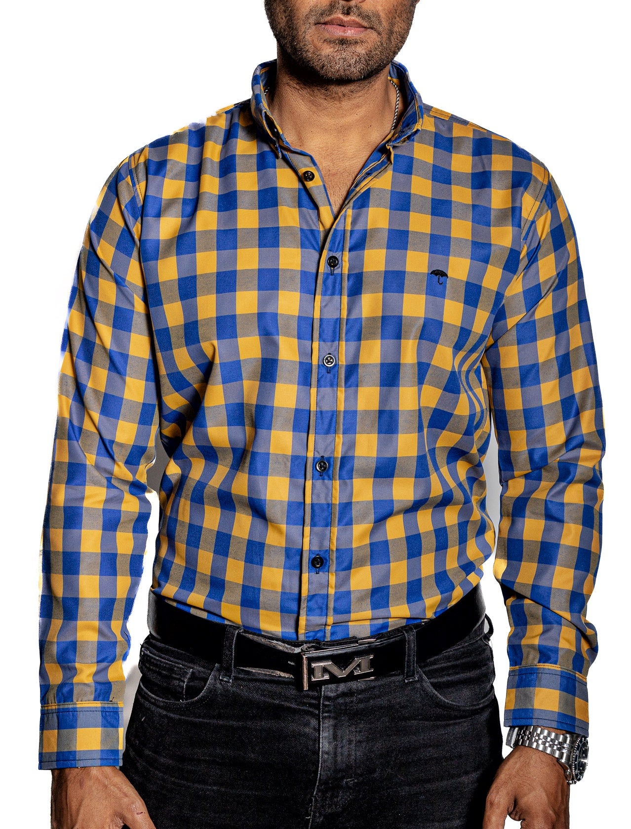Camisa Hombre Casual Cuadros Azul, Oro - Tiendas Platino Camisas Hombre 34 (S)