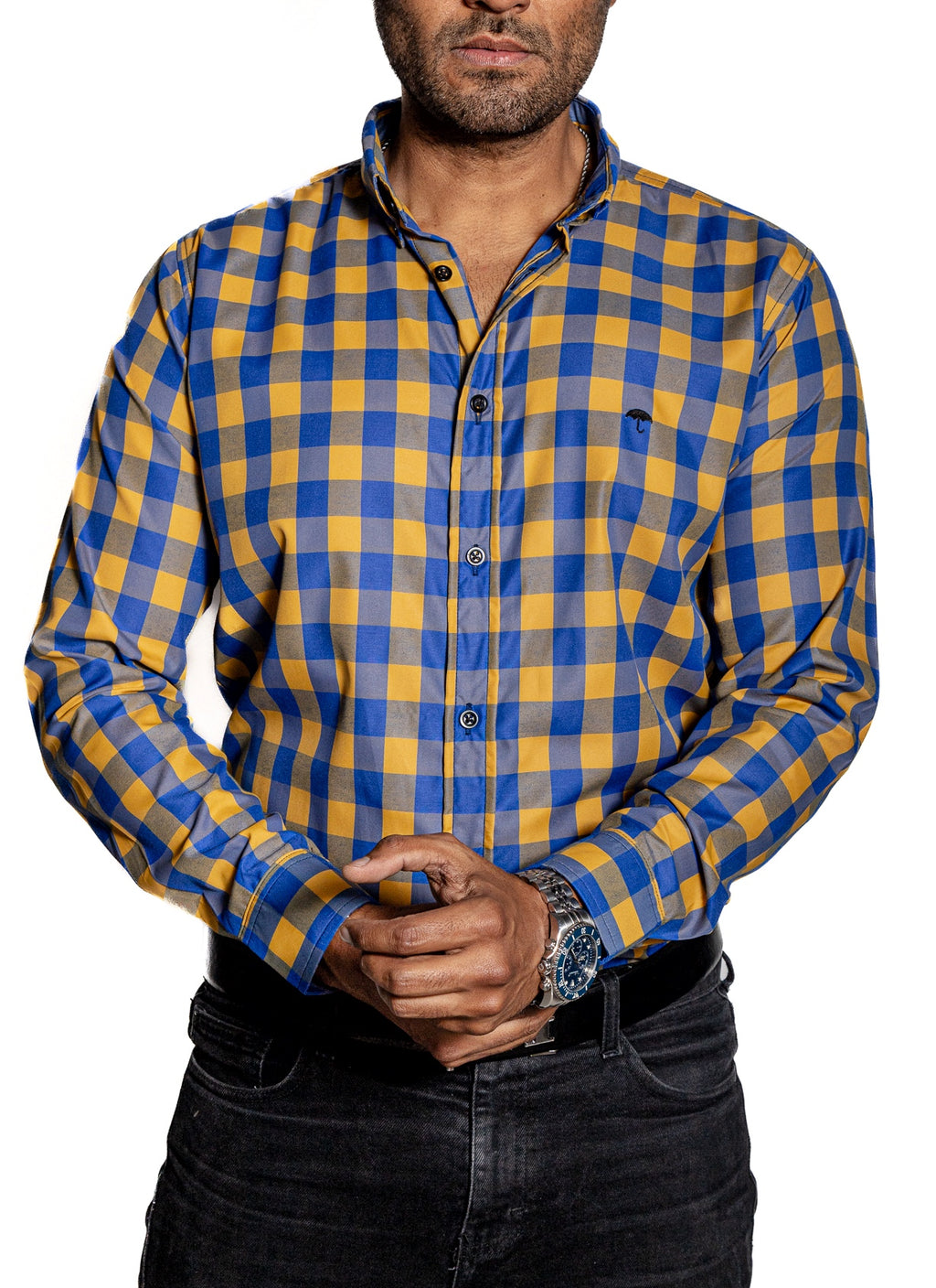 Camisa Hombre Casual Cuadros Azul, Oro - Tiendas Platino Camisas Hombre 34 (S)