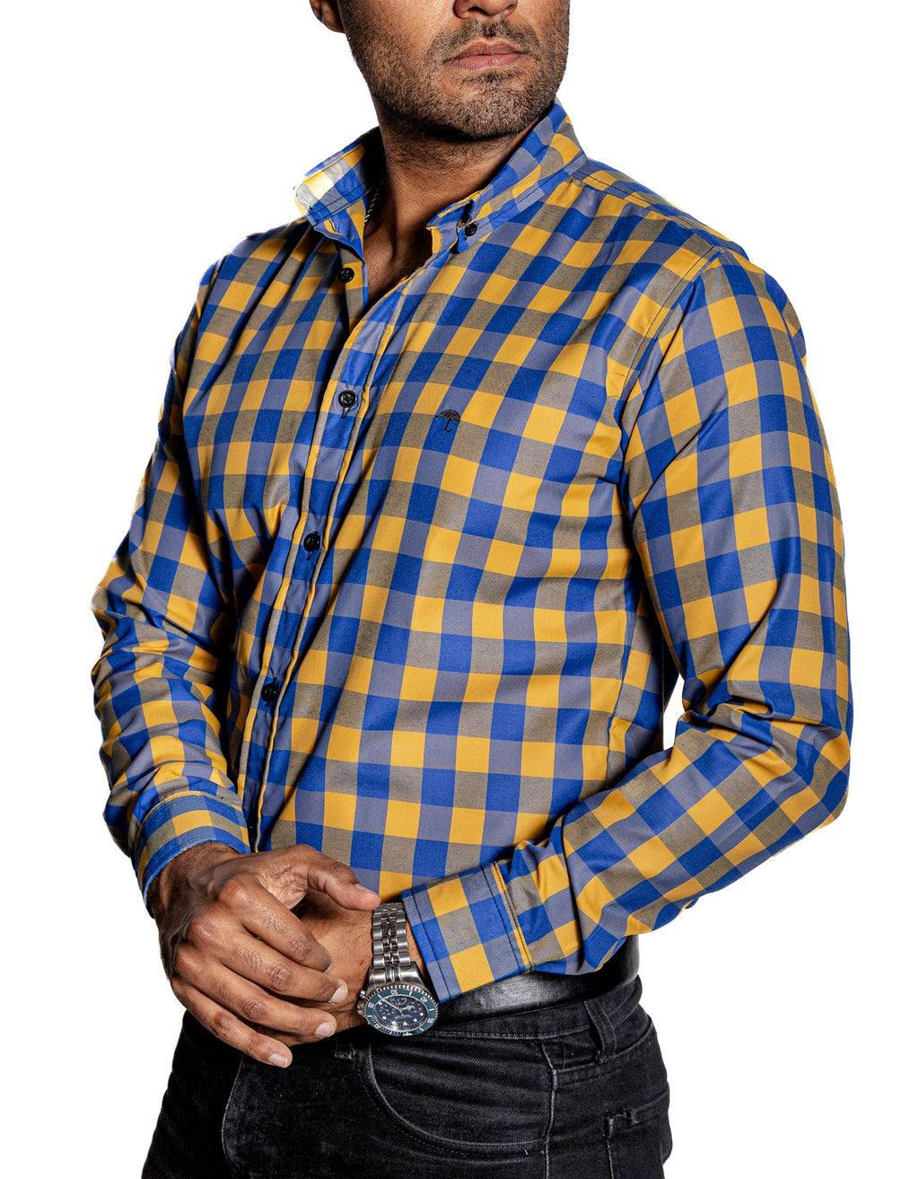Camisa Hombre Casual Cuadros Azul, Oro - Tiendas Platino Camisas Hombre 34 (S)