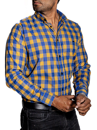 Camisa Hombre Casual Cuadros Azul, Oro