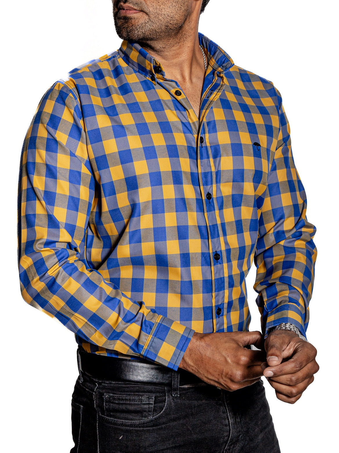 Camisa Hombre Casual Cuadros Azul, Oro - Tiendas Platino Camisas Hombre 34 (S)