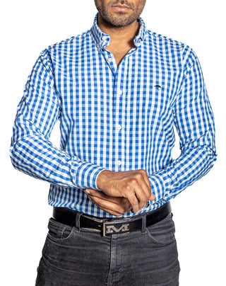 Camisa Hombre Casual Cuadros Azul Acero, Blancos