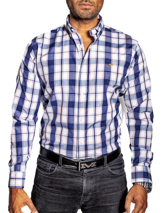 Camisa Hombre Casual Cuadros Blancos, Azul Marino