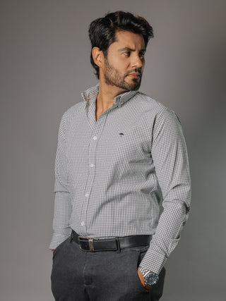 Camisa Hombre Casual Blanca Mini Cuadros Negros, Verdes