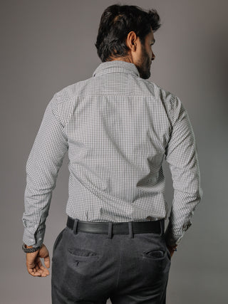 Camisa Hombre Casual Blanca Mini Cuadros Negros, Verdes