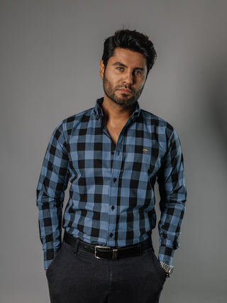 Camisa Hombre Casual Cuadro Negro Azul