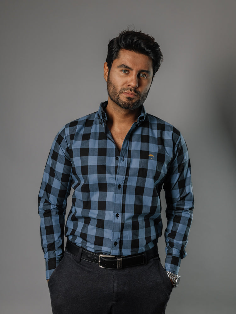 Camisa Hombre Casual Cuadro Negro Azul
