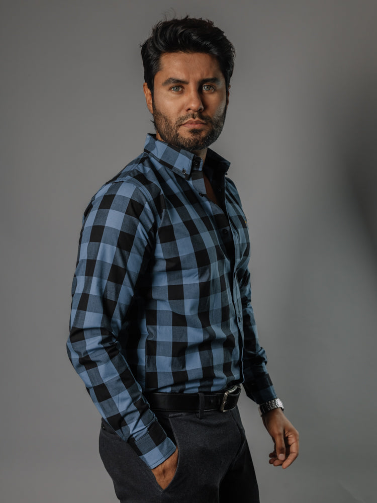 Camisa Hombre Casual Cuadro Negro Azul