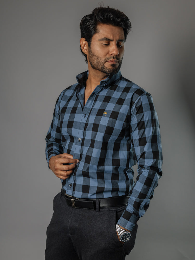 Camisa Hombre Casual Cuadro Negro Azul