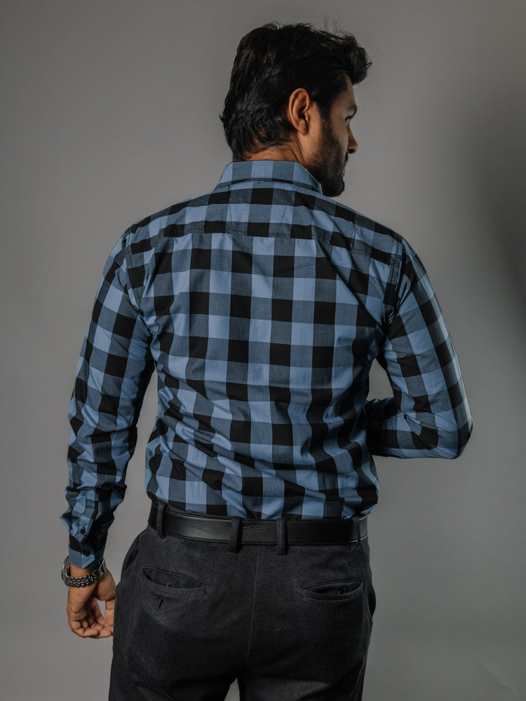 Camisa Hombre Casual Cuadro Negro Azul