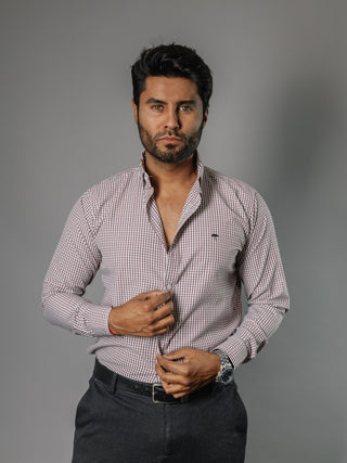 Camisa Hombre Casual Blanca Mini Cuadros Rojos, Negros