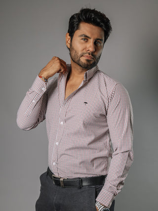 Camisa Hombre Casual Blanca Mini Cuadros Rojos, Negros