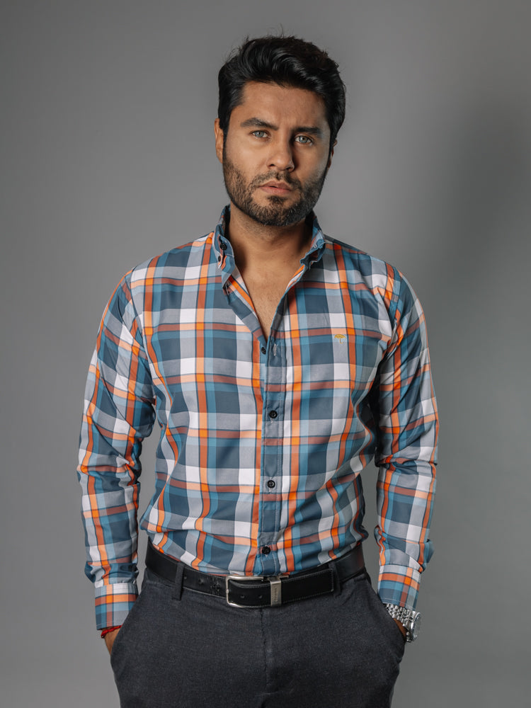 Camisa Hombre Casual Cuadro Turquesa Naranja y Blanco