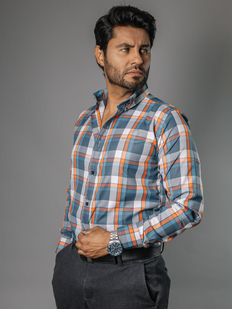 Camisa Hombre Casual Cuadro Turquesa Naranja y Blanco