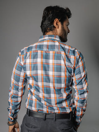 Camisa Hombre Casual Cuadro Turquesa Naranja y Blanco