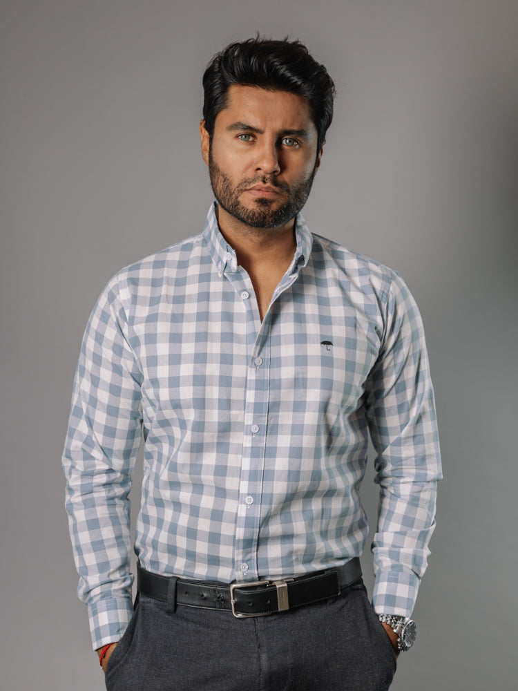 Camisa Hombre Casual Cuadros Gris Azulados, Blancos