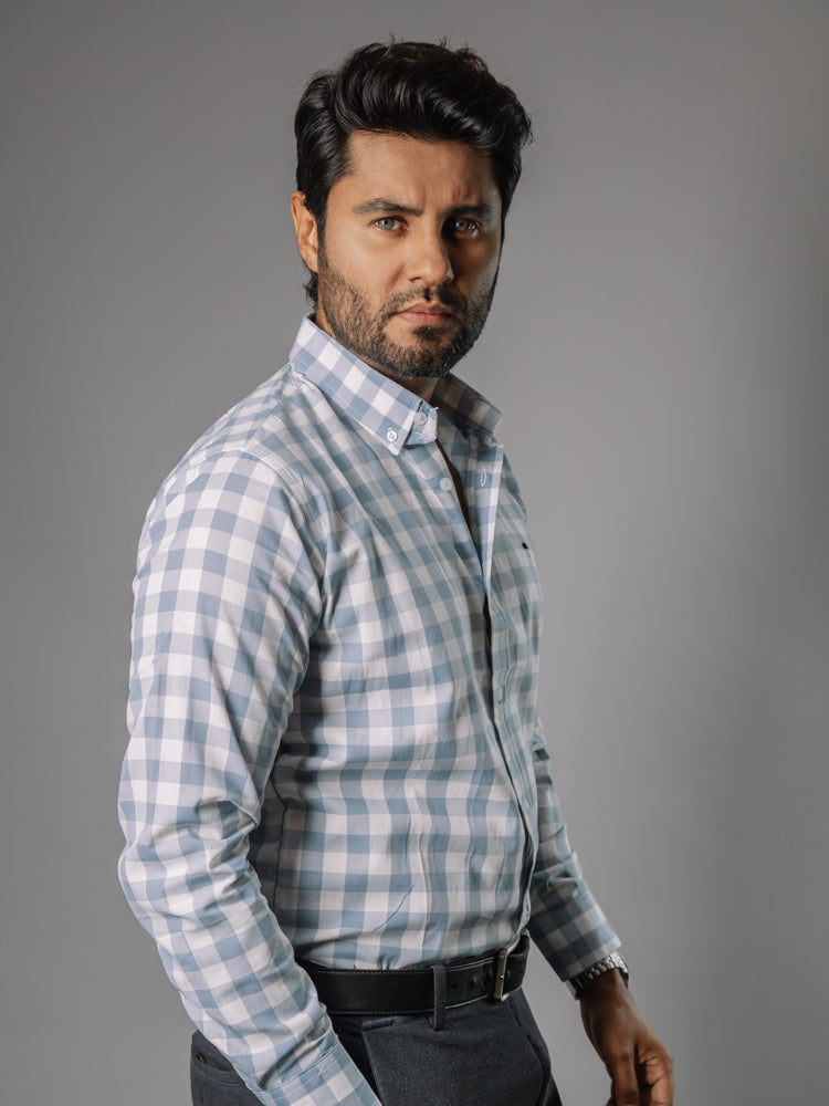 Camisa Hombre Casual Cuadros Gris Azulados, Blancos