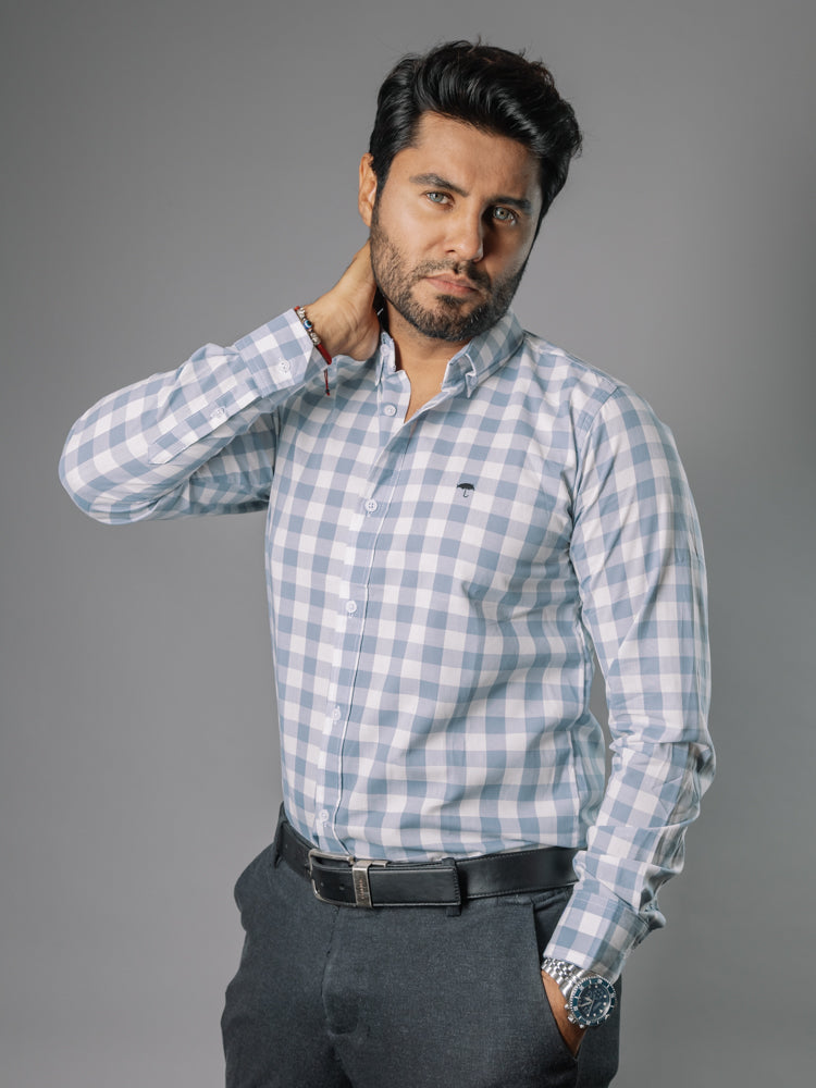 Camisa Hombre Casual Cuadros Gris Azulados, Blancos