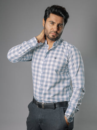 Camisa Hombre Casual Cuadros Gris Azulados, Blancos
