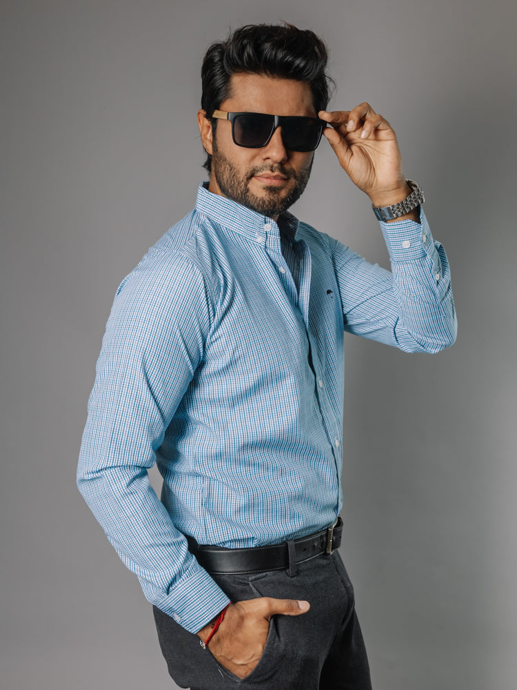 Camisa Hombre Casual Micro Cuadro Azul Verde