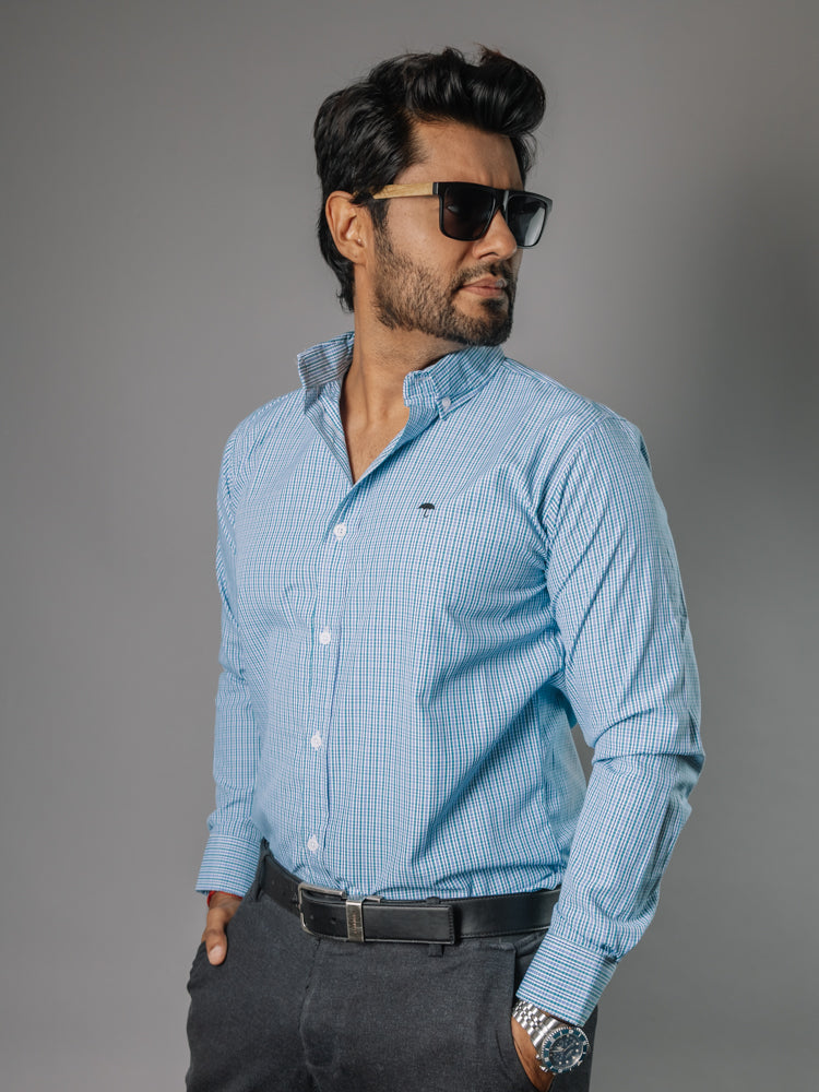 Camisa Hombre Casual Micro Cuadro Azul Verde