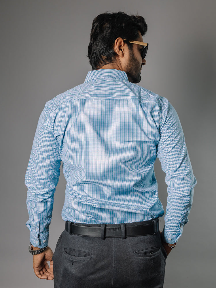 Camisa Hombre Casual Micro Cuadro Azul Verde