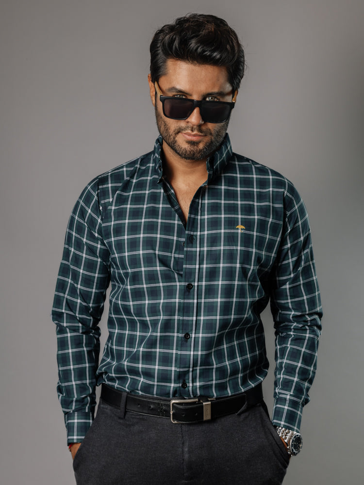 Camisa Hombre Casual Cuadro Blanco Verde Azul Marino