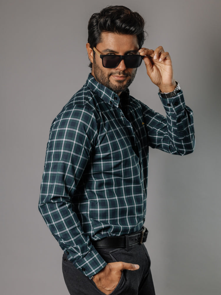 Camisa Hombre Casual Cuadro Blanco Verde Azul Marino