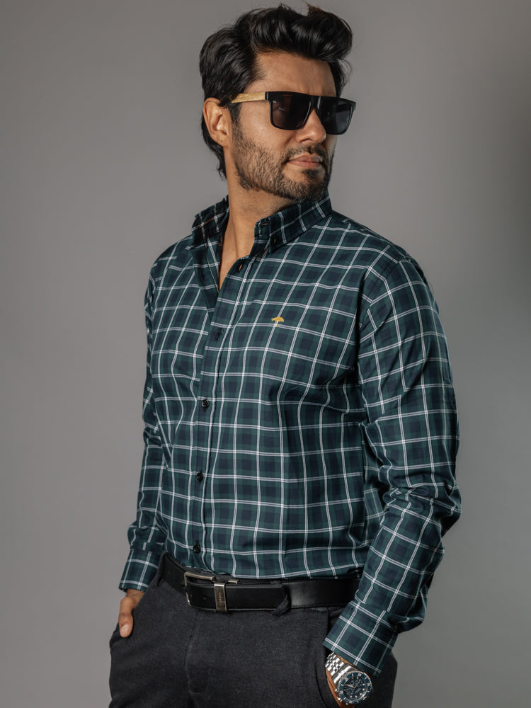 Camisa Hombre Casual Cuadro Blanco Verde Azul Marino