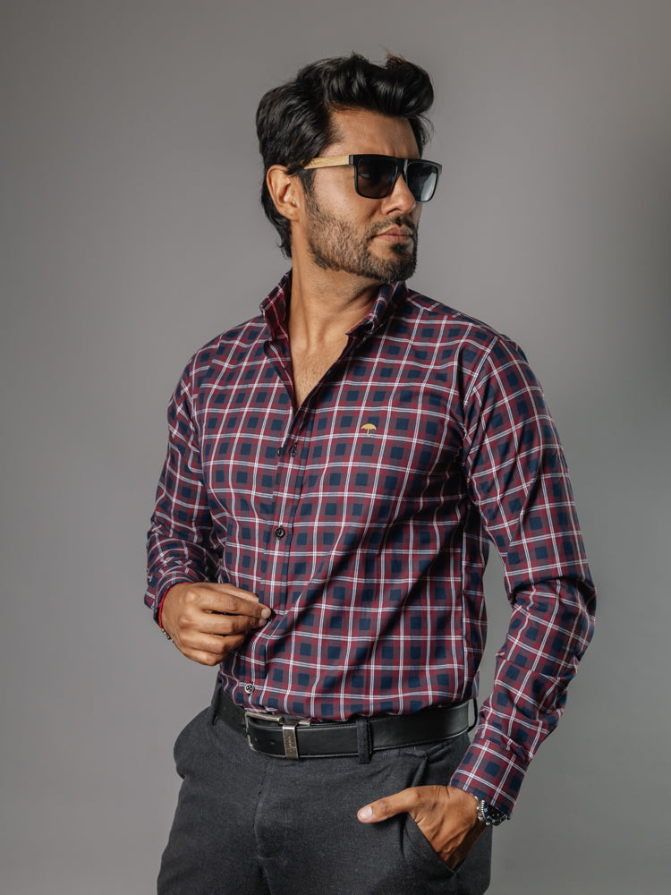 Camisa Hombre Casual Cuadro Blanco Vino Azul Marino