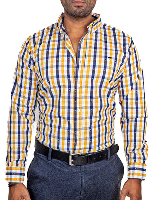 Camisa Hombre Casual Cuadro Azul Marino, Amarillo Punto