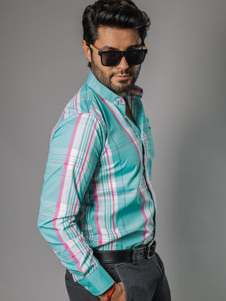 Camisa Hombre Casual Turquesa Líneas Rosa y Blanca