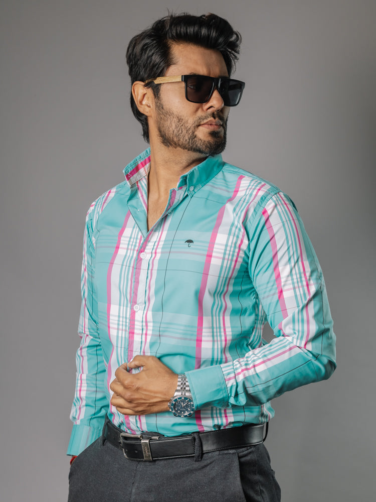 Camisa Hombre Casual Turquesa Líneas Rosa y Blanca