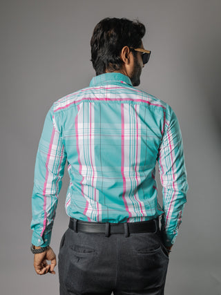 Camisa Hombre Casual Turquesa Líneas Rosa y Blanca