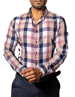 Camisa Hombre Casual Cuadro Beige, Rojo, Azul